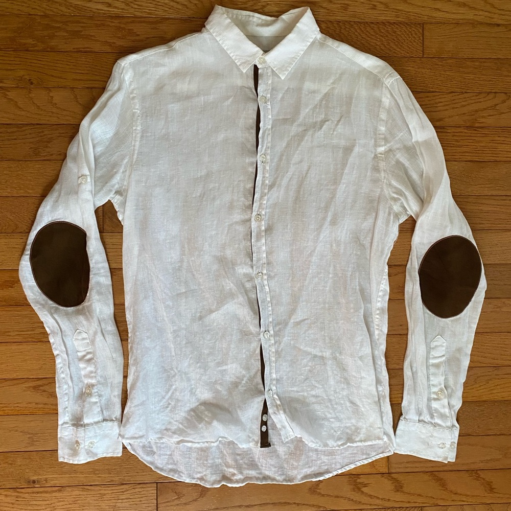 Father and Sons Linen Shirt with Brown Velvet Elbow Patches